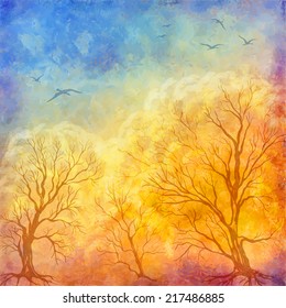 Vector art autumn landscape as oil painting. Grunge picture showing trees, brush strokes dramatic sky, flying migratory birds