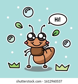 Vector art of an baby ant smiling and saying Hi, with bubbles, leaves and grass.