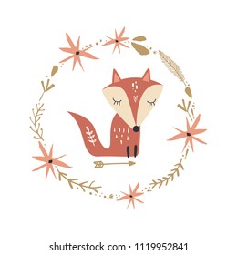 Vector art. Baby fox print and floral frame. Scandinavian style. Decor elements for your stuff and graphic design. Good for gift card and kids products. Clipart. Isolated details.