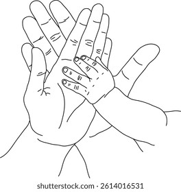 Vector art of baby hand resting in adult palm, minimalist outline emphasizing care and safety