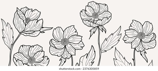 Vektorkunst-Hintergrund, botanischer Stil, Blumen auf weißem Hintergrund, Linienkunst. Blumenblätter für Hochzeitseinladung, Tapete oder Postkartenvorlage. Vektorgrafik. luxuriöse rustikale Modekunst