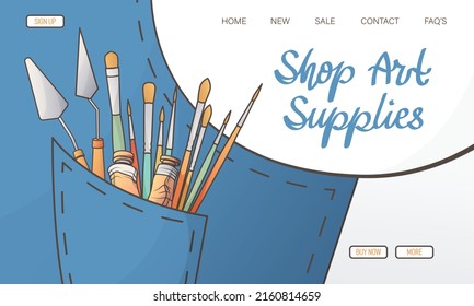 Vector art background with brushes, palette knife, paint tubes in pocket of apron for shop art supplies. Vector template perfect for banner, poster, website, advertising.