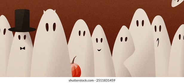 Vector art background for Halloween holiday with cute hand drawn ghosts. Holiday banner for greetings, covers, frames, postcards. Happy Halloween!