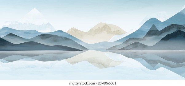 Vector art background with mountains and lake. Landscape banner in blue tones for art decorations, print for decor