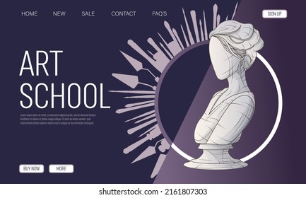 Vector Art Background With Sculpture Of Girl. Vector Template Perfect For Banner, Poster, Website, Advertising. Art School, Art Studio, Sculpture School, Shop Art Supplies Concept.