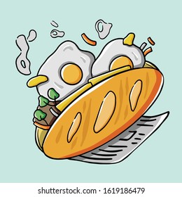 Vector art of banh mi in Vietnam. Vietnamese traditional bread with eggs and butter. Street food in HaNoi.