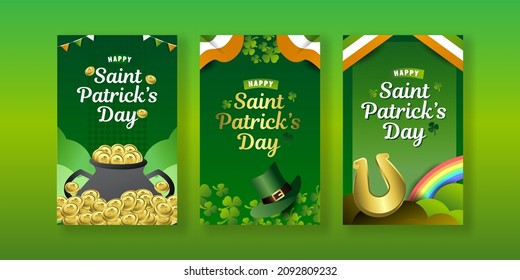 vector art banner for Saint Patricks Day Card with Treasure of Leprechaun, Pot Full of Golden Coins, Green Hat and Shamrock, Rainbow on Green Background