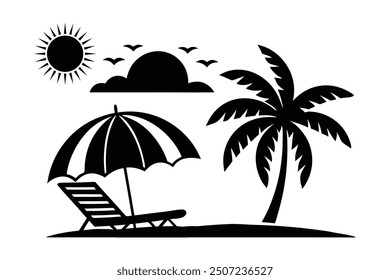 Vector art of a beach scene with sun and palm tree, perfect for summer themed designs.