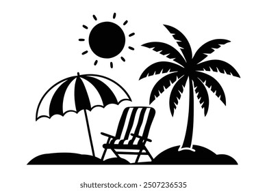 Vector art of a beach scene with sun and palm tree, perfect for summer themed designs.