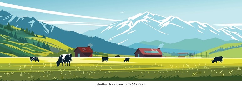 Vector art of Beautiful Farm Landscape with Cows, Mountains, Farm in the Background. The Grassy Field Shines Green, Hand drawn