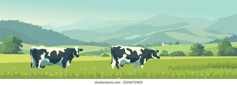 Arte vectorial de hermoso paisaje de granja con vacas, montañas, granja en el fondo. El campo cubierto de hierba brilla verde, dibujado a mano