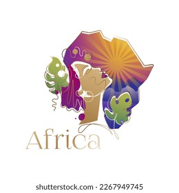 Vector art. Beautiful lady with tropic leaves and the sunny Africa continent behind her
