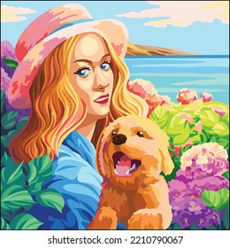 Vector art of beautiful woman illustration with her cute pet dog