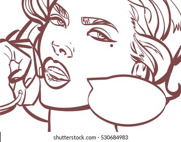 Vector art of beautiful woman with phone, pin up, pop art illustration in vector format. Isolated eps10
