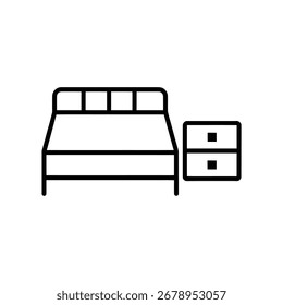 Arte vectorial de la cama y la mesita de noche en la línea de dibujo estilo línea icono Ilustración vectorial