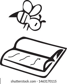 Vector Art. A bee reading a book. A Cute bee. black and white line art