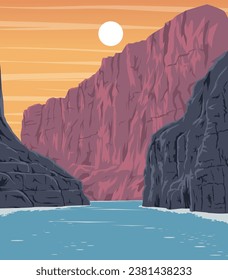 Arte vectorial del Parque Nacional Big Bend con una icónica vista de los ríos entre cañones. Ilustración de impresiones, insignias o diseños artísticos.