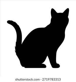 Vector art of black cat silhouette sitting and looking away isolated on white.