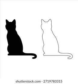Vector art of black cat silhouette sitting and looking away isolated on white.