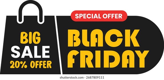 Vector art of black friday big sale with 20 offer and special promotion on a shopping bag