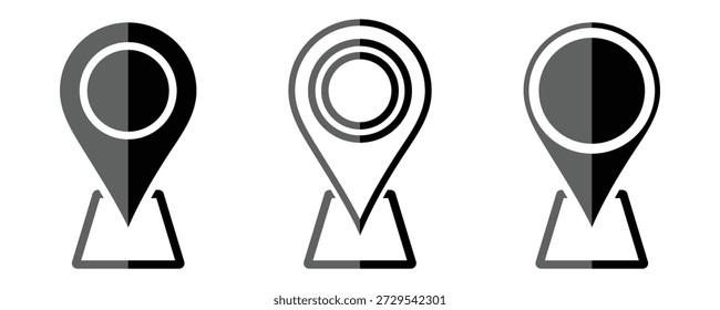 Arte vectorial de un icono negro del perno de la ubicación aislado en el fondo blanco. Icono de ubicación negro que muestra un lugar específico. Señal de puntero de marcador de mapa GPS y herramientas de mapeo símbolo de pin de Locación y un solo elemento para el Diseño web.