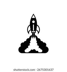 Vector art of black rocket launching with smoke