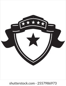 Vector Art of Black Shield with Star and Decorative Ribbon
