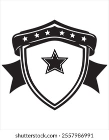 Vector Art of Black Shield with Star and Decorative Ribbon
