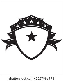 Vector Art of Black Shield with Star and Decorative Ribbon
