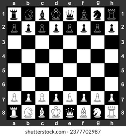Vector art with black and white chessboard with all pieces, art, drawing.