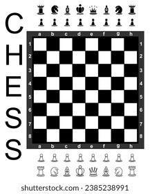 Vector art with black and white chessboard with all pieces, art, drawing. svg