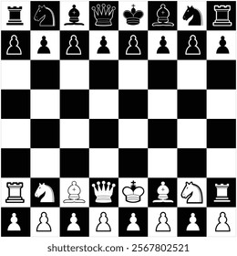 Vector art with black and white chessboard with all pieces, art, drawing.