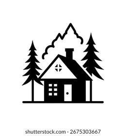 Arte vectorial de ilustración en blanco y negro de una cabaña en el bosque con montañas