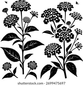 Arte vectorial de ilustración en blanco y negro de flores y hojas en flor