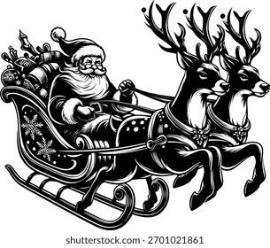 Arte vetorial de ilustração em preto e branco de Papai Noel em um trenó puxado por renas