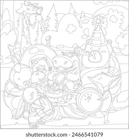 vector art black and white sketch illustration of animals