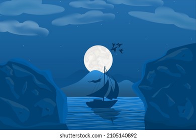 Vector art of blue shaded scenic sea landscape with full white moon, flying birds, shining stars, sailing boat, sea water with mountains.