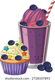 Vector art of a blueberry milkshake and cupcake with sprinkles on a white background