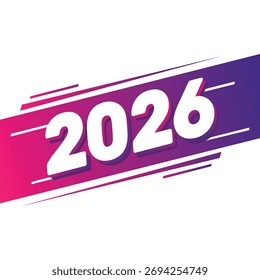 Arte vetorial de números brancos em negrito 2026 com uma faixa diagonal vibrante rosa a roxo gradiente e linhas de movimento