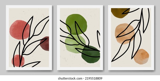 Conjunto botánico de arte vectorial. Plantas abstractas con formas acuarelas. Diseño artístico para la cubierta, papel pintado. Muros de arte minimalista y natural.