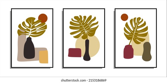 Vector art of botanical walls. Image of Tropical Foliage art with abstract shapes. Abstract Plant Art Design for print, cover, wallpaper, Minimal and natural wall art. Vector illustration.