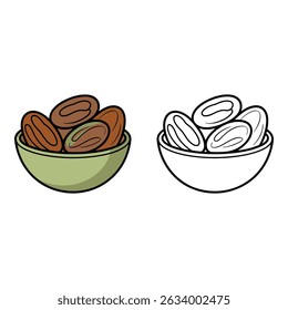Vector art of Bowl of dates a sweet and healthy snack isolated on white background with outline and color version