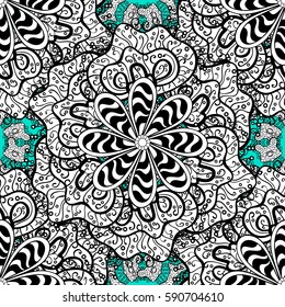 Vector art. Brilliant lace, stylized flowers, paisley. Seamless white texture curls. Oriental style arabesques. Seamless pattern on blue background with white elements. Openwork delicate white pattern