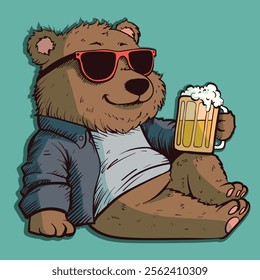 Vector art of a brown bear in a jacket drinking beer. Cool grizzly with sunglasses holding a mug.