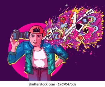 Vector art of a cameraman wearing a denim jacket holding his digital camera to his head.Photographer with colors, ideas and elements bursting and melting.Photography icons and colorful paint splashes