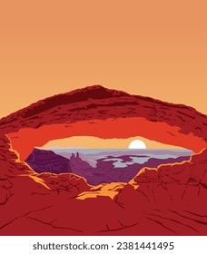 Vector art of Canyonlands National Park with an iconic view of countless canyons and fantastically formed buttes. An illustration of for art prints, badges or designs.