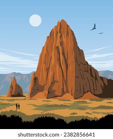 Vector art of Capitol Reef National Park with an iconic view of its Temple of the Sun and Moon rock formation. An illustration of for art prints, badges or designs.