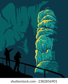 Vector del Parque Nacional Capitol Reef con una icónica vista de sus Stalactites en una enorme cámara subterránea. Ilustración de impresiones, insignias o diseños artísticos.