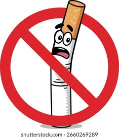 Arte vetorial de personagem de cigarro de desenho animado com um sinal de não fumar isolado no fundo branco