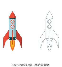 Vector art of Cartoon rocket ship with flame isolated on white background alongside its outline version